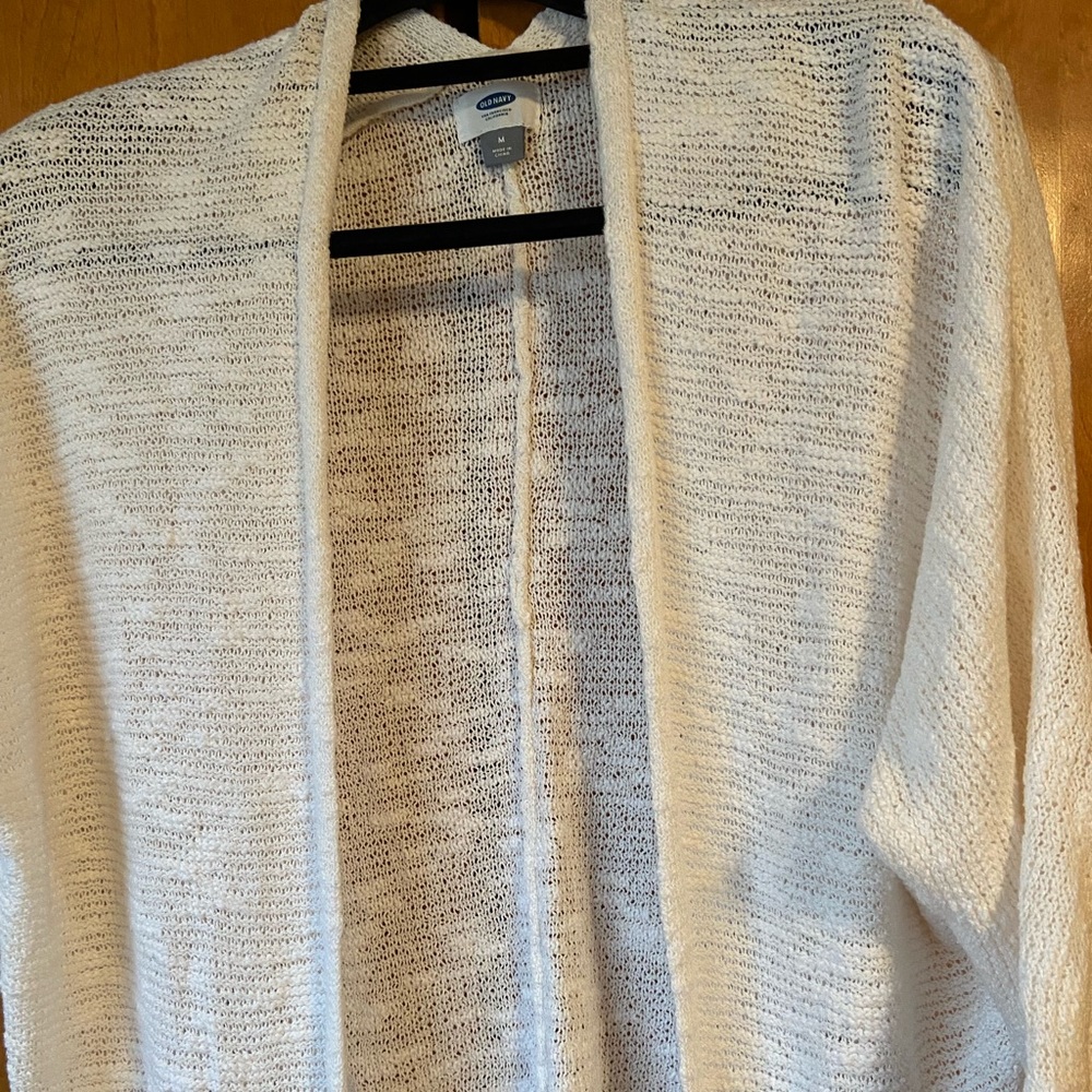 Cream Old Navy sweater.  1/2 sleeve.  Open front lightweight.